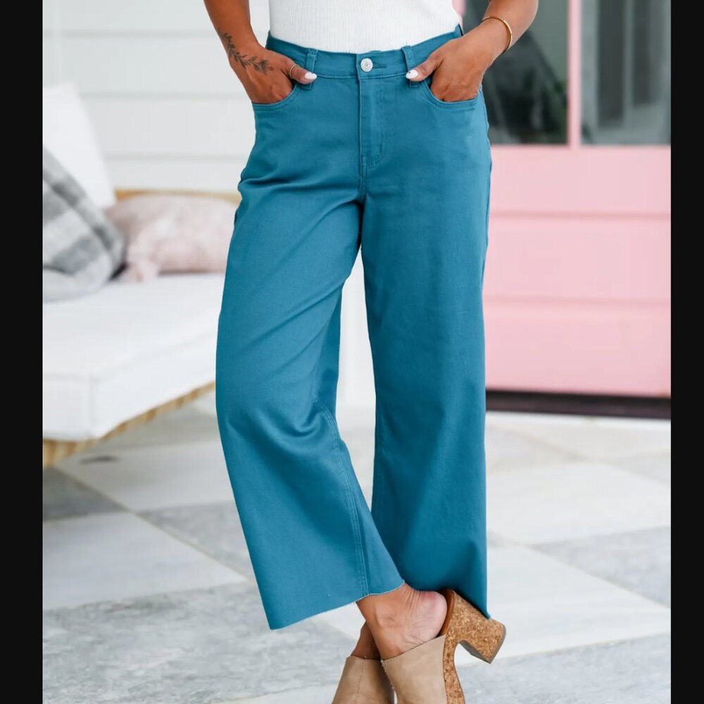 YMI - High Rise Trouser Cropped Wide Leg Jeans in Teal